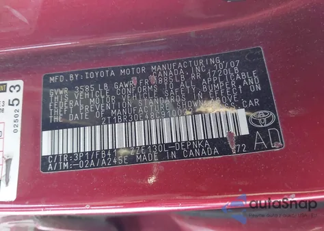 2008 Toyota Corolla Le from USA, damaged, VIN 2T1BR30E48C910022